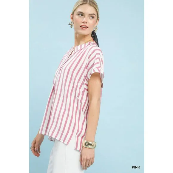 Umgee Mixed Stripe Split Neck Oversized Blouse - Picture 2 of 5